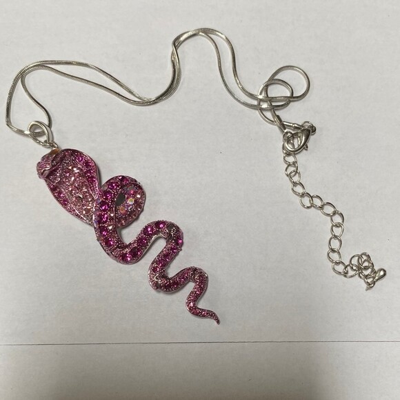VTG Janus Pink Snake Pendant 3" Movable Bling Y2K Rhinestone Cobra Necklace - Picture 11 of 11